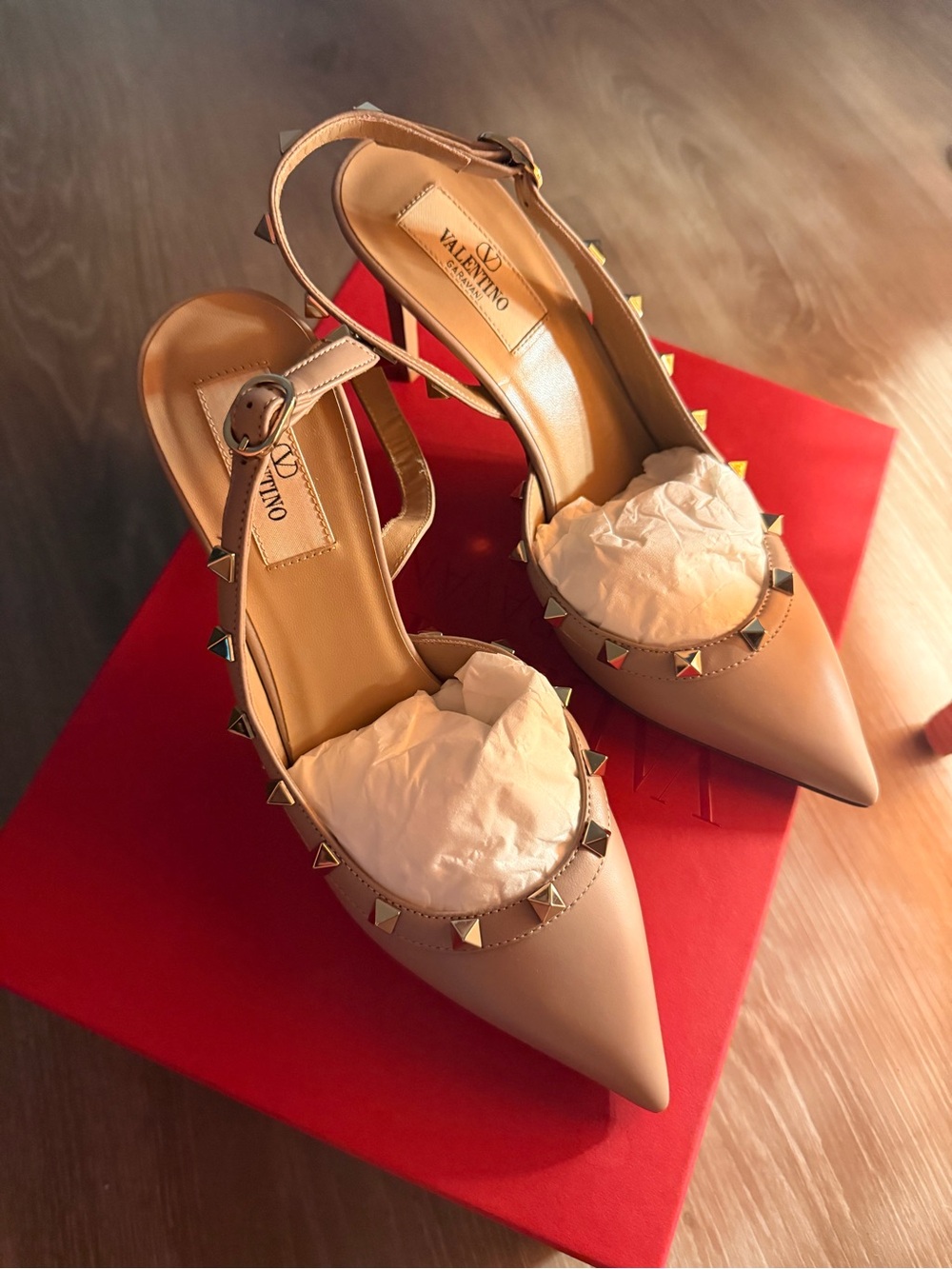 Valentino Beige Leather Pointed Slingback Pumps with Gold Rockstuds